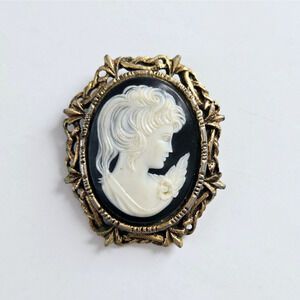 Vintage Cameo Brooch Victorian Revival Carved Silhouette Classic Filigree Dainty